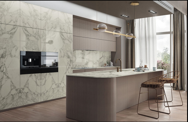 Kitchen using porcelain slabs as countertops and cabinets surfacing.