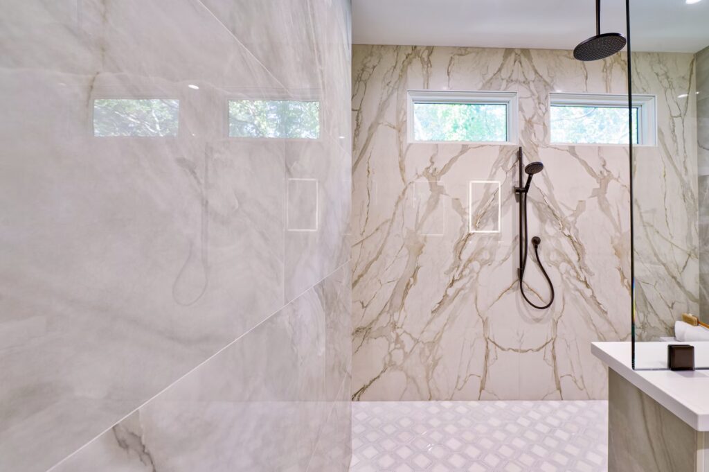 marble look dekton shower wall in sarasota