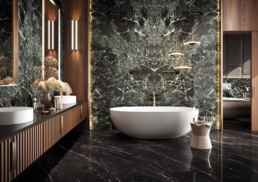 Wall featuring the natural, layered look of a quartzite effect in porcelain slab.