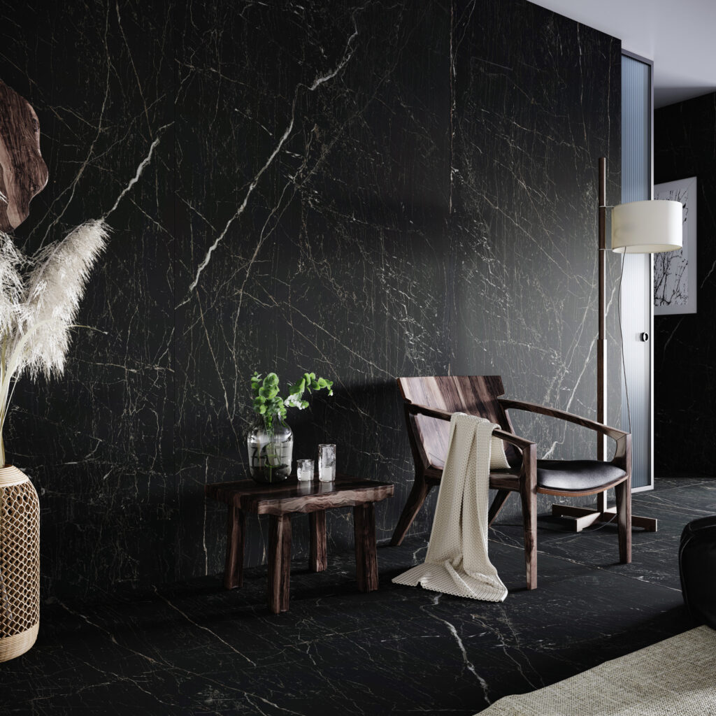 A modern interior featuring a dramatic accent wall clad in Dekton Onirika Somnia with a matte finish, offering a sophisticated and non-glare look.
