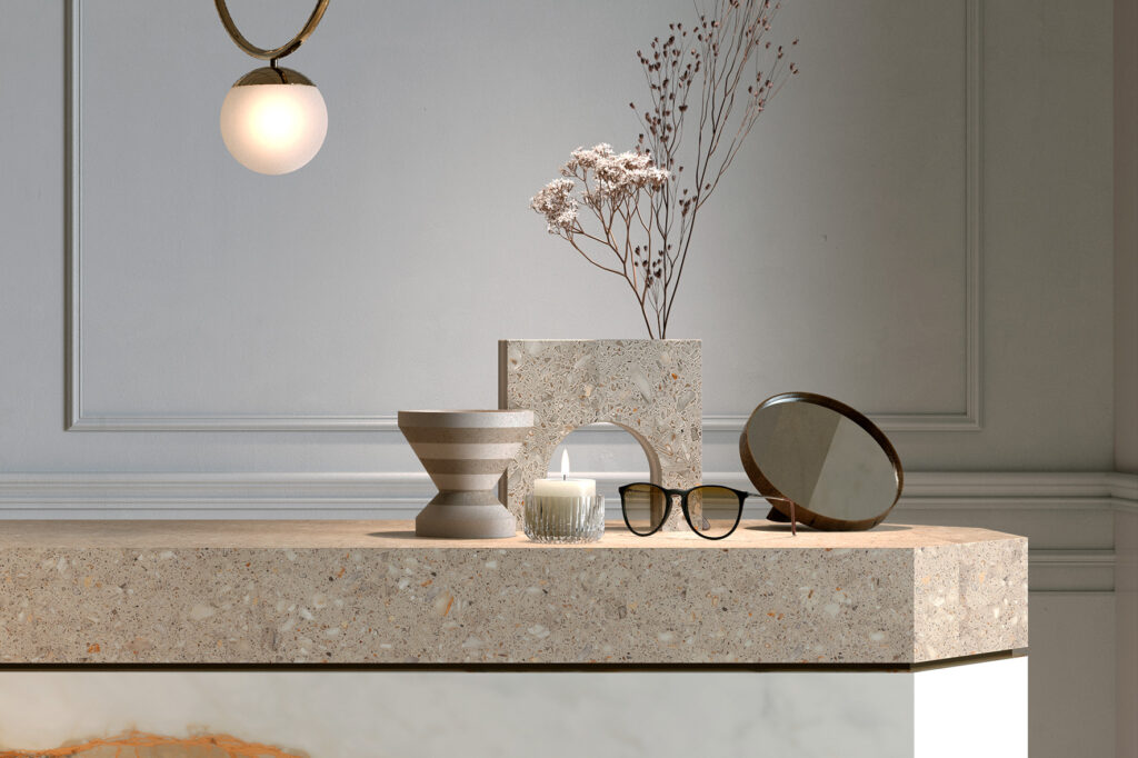 Modern kitchen countertop featuring a seamless terrazzo effect dekton.