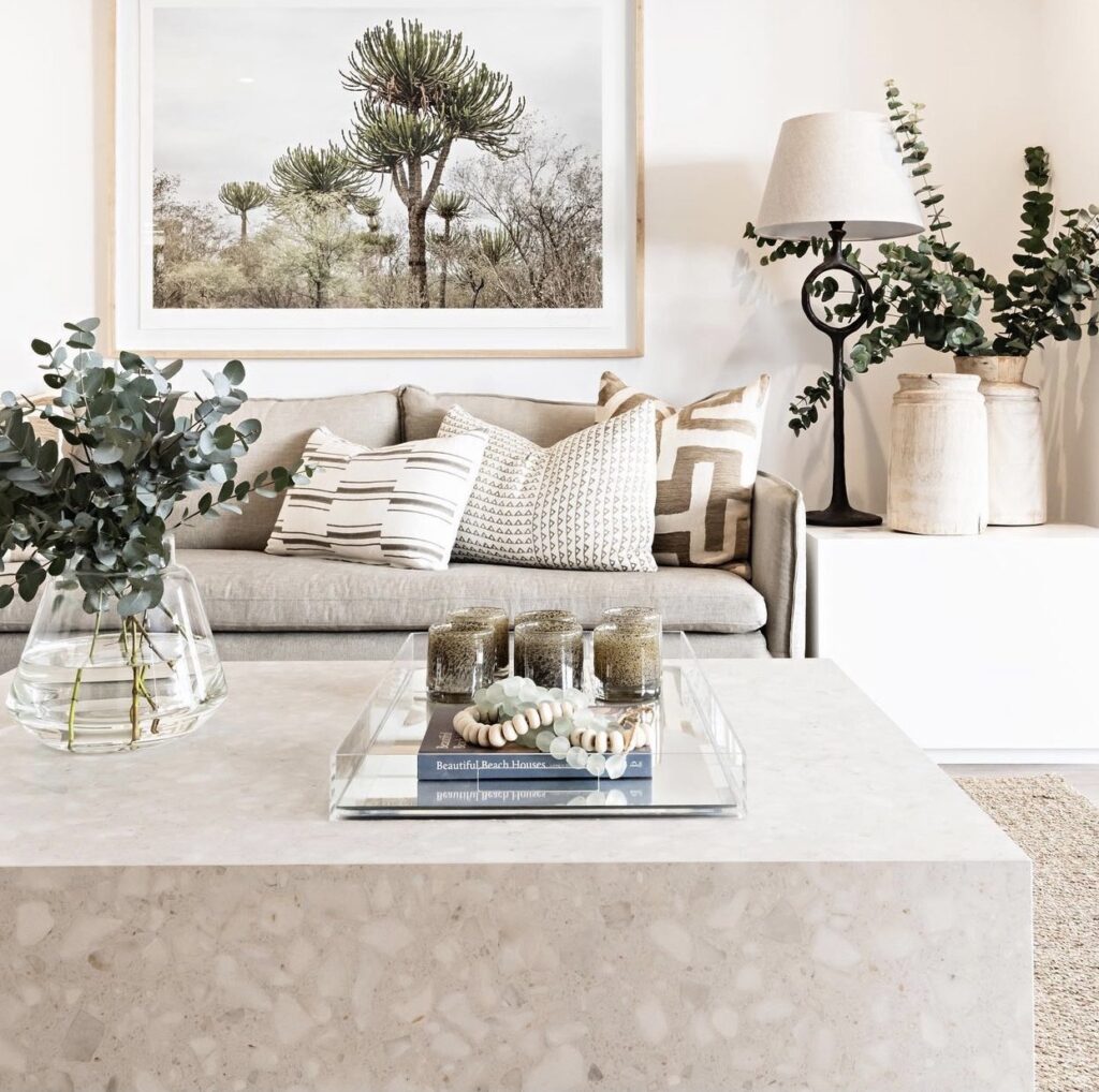 Modern coffee table with a Neolith Retrostone terrazzo effect top.