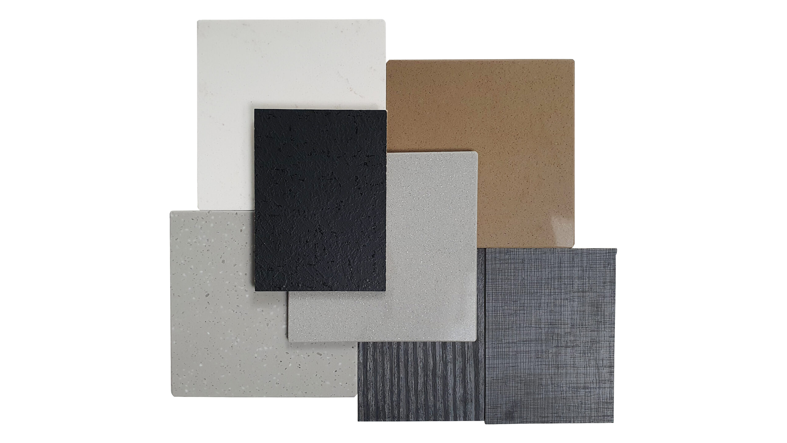 A collection of eight rectangular samples of mineral surfaces in various colors and textures, including white with flecks, solid black with texture, light gray with subtle flecks, solid tan, solid light gray, dark gray with thin vertical lines, dark gray with a woven pattern, and a dark brown wood-grain pattern.