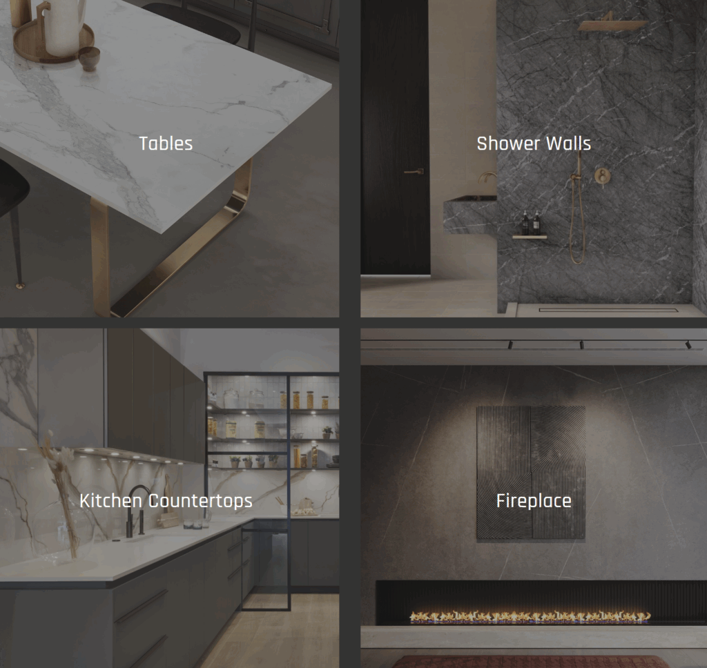 Various smart home applications seamlessly integrated into kitchen and bathroom mineral surface countertops, including an invisible induction cooktop, wireless phone charger, and touch-activated lighting switches, in a modern Sarasota home.