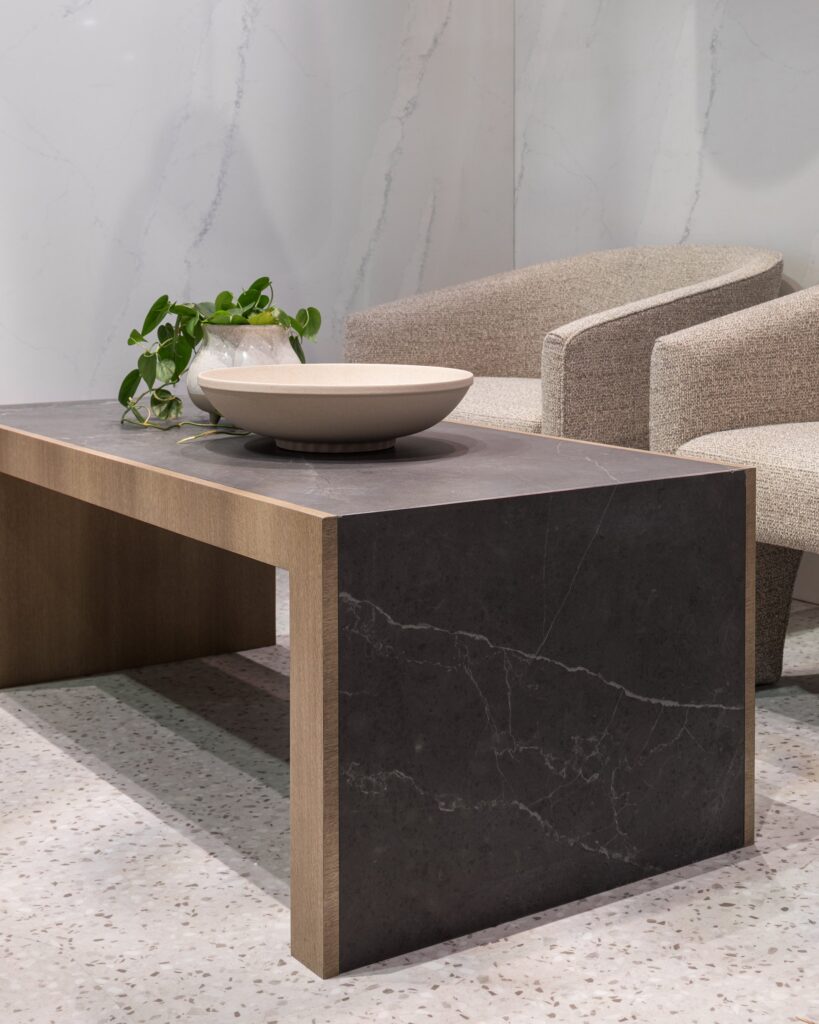 waterfall leg coffee table dark marble look caesastone porcelain slab sarasota.