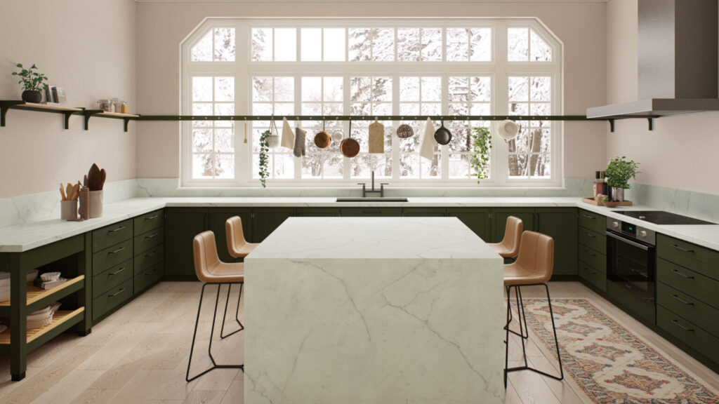 porcelain countertop kitchen caesarstone waterfall leg mitered edge. 
