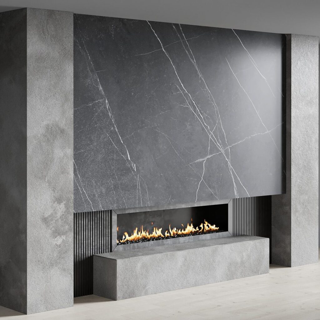 Porcelain Slab Fireplace thick look mitered edge Fabrication Sarasota
