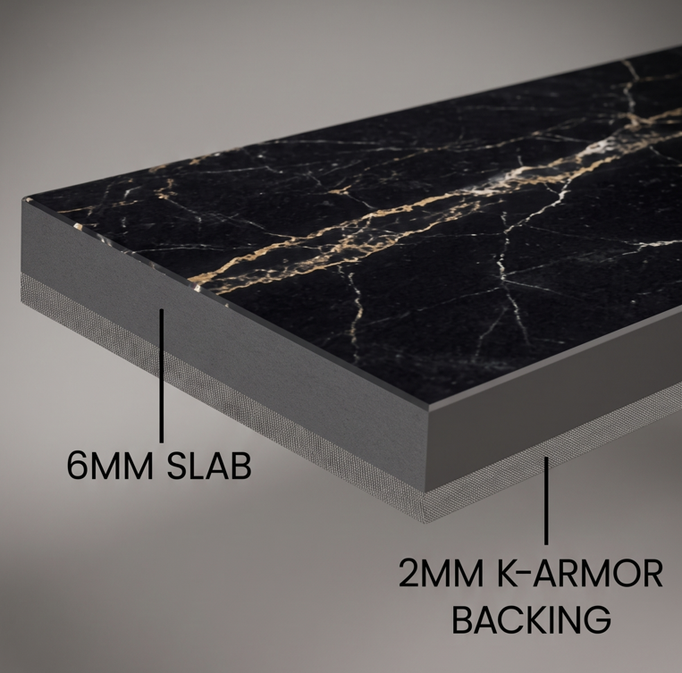 A technical cross-section rendering of an 8mm composite porcelain slab, showing a 6mm black marble porcelain top layer with distinct gold and white veining, which is laminated to a textured grey 2mm K-Armor mesh backing.